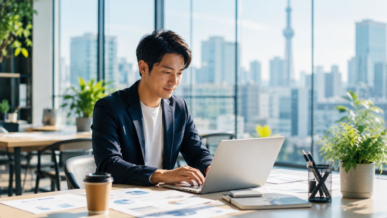 デスクで作業する様子